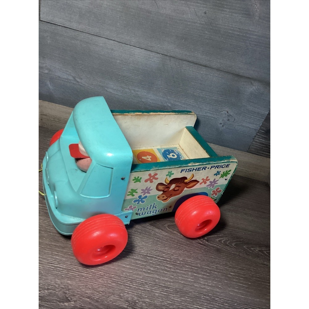Vintage 1965 Fisher-Price Milk Wagon #131 Pull Toy - Original String (Cut)